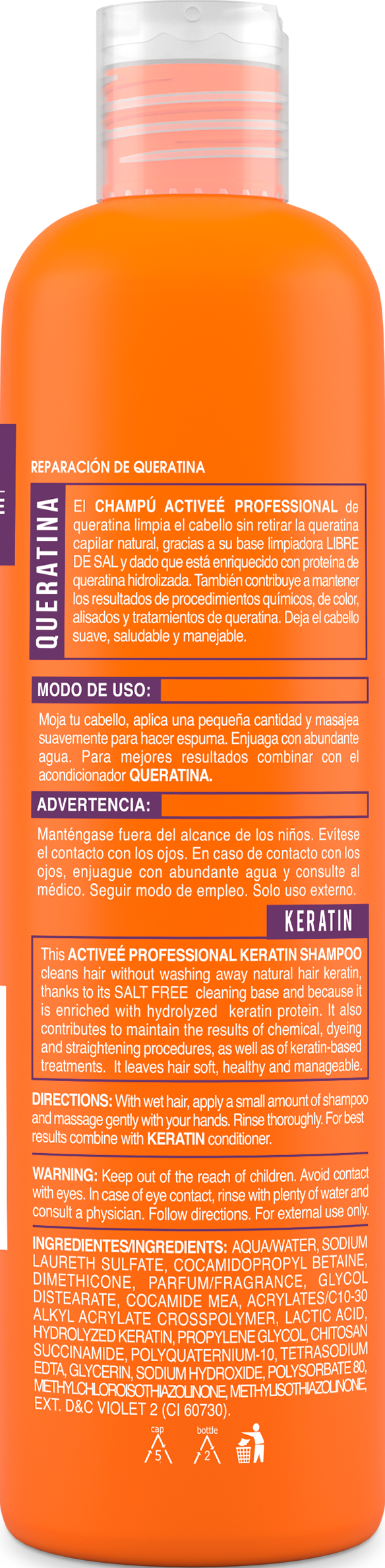 Shampoo Activee Professional Keratin Tecnologia para cuidado Intensivo de Cabello Quimicamente tratado Libre de Sal