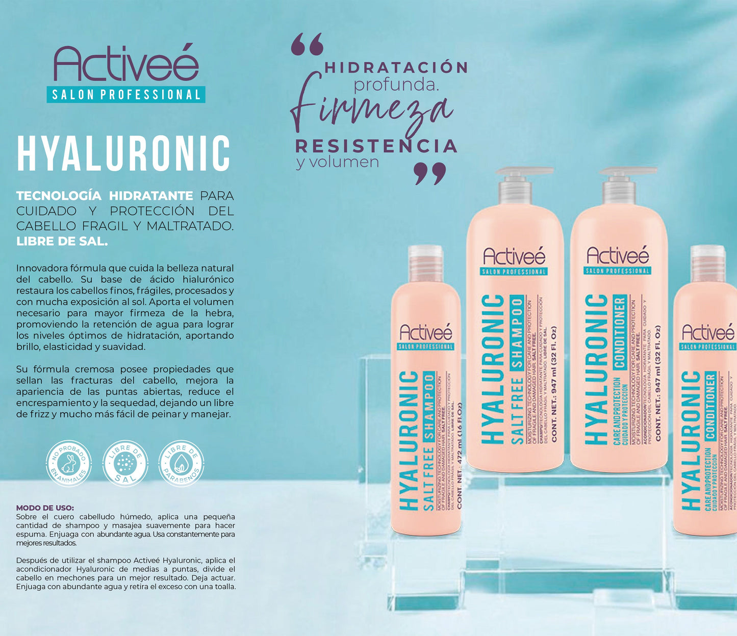 Acondicionador Activee Profesional Hyaluronic Acid TecnologIa Hidratante para Cuidado y Protección del Cabello Fragil y Maltratado Libre de Sal